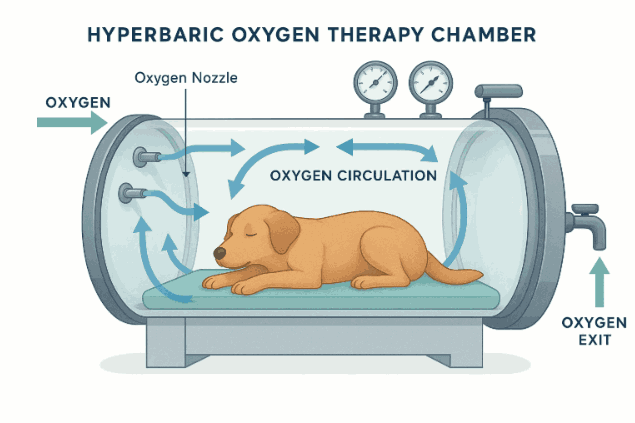 Illustration of a pet hyperbaric oxygen chamber showing a dog lying inside with labeled oxygen flow, circulation, and exit points.