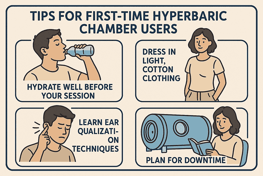 Illustrated guide with tips for first-time hyperbaric chamber in des moines users, including hydration, light clothing, ear equalization, and planning for downtime.