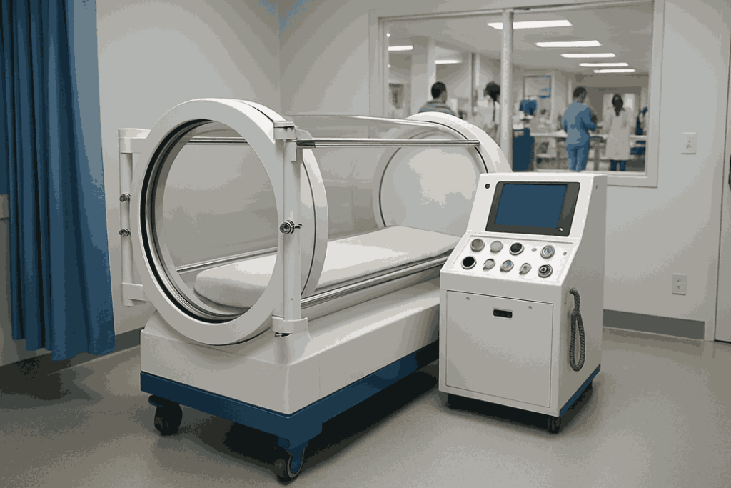 A modern hyperbaric chamber in fort lauderdale in a clinical setting, equipped with a control panel and ready for oxygen therapy sessions.
