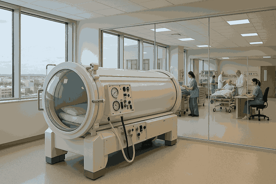 A large pet hyperbaric oxygen chamber in a bright medical facility, with healthcare staff attending to patients in the background.