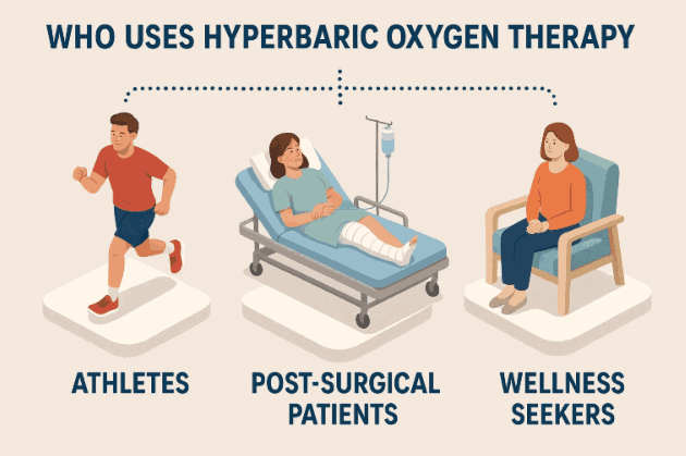 Illustration showing common users of hbot mesa therapy, including athletes, post-surgical patients, and wellness seekers.
