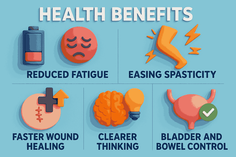 Infographic showing the health benefits of using a hyperbaric chamber for MS, including reduced fatigue, easing spasticity, faster wound healing, clearer thinking, and improved bladder and bowel control.