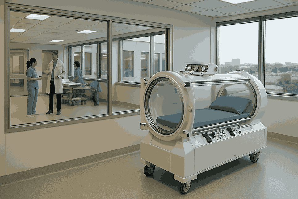 A hyperbaric chamber in arizona positioned in a bright hospital room, with medical staff conversing in the adjacent area visible through large windows.