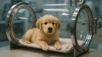 A golden retriever puppy lying inside a transparent pet hyperbaric oxygen chamber on a white towel.