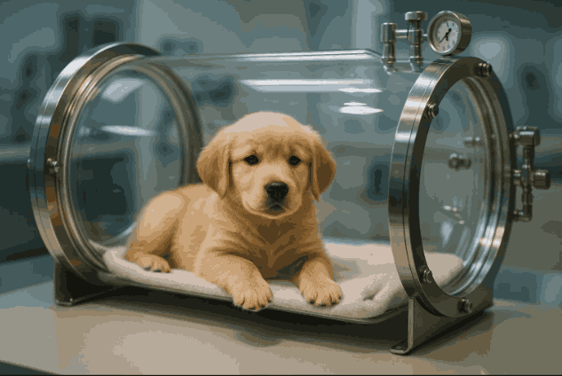 A golden retriever puppy lying inside a transparent pet hyperbaric oxygen chamber on a white towel.