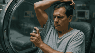 A man sitting beside a hyperbaric chamber applies deodorant to his underarm — why can't you wear deodorant in a hyperbaric chamber.