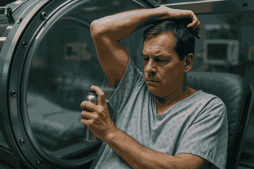 A man sitting beside a hyperbaric chamber applies deodorant to his underarm — why can't you wear deodorant in a hyperbaric chamber.