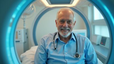 Older adult inside a modern hyperbaric oxygen chamber in a clinical setting