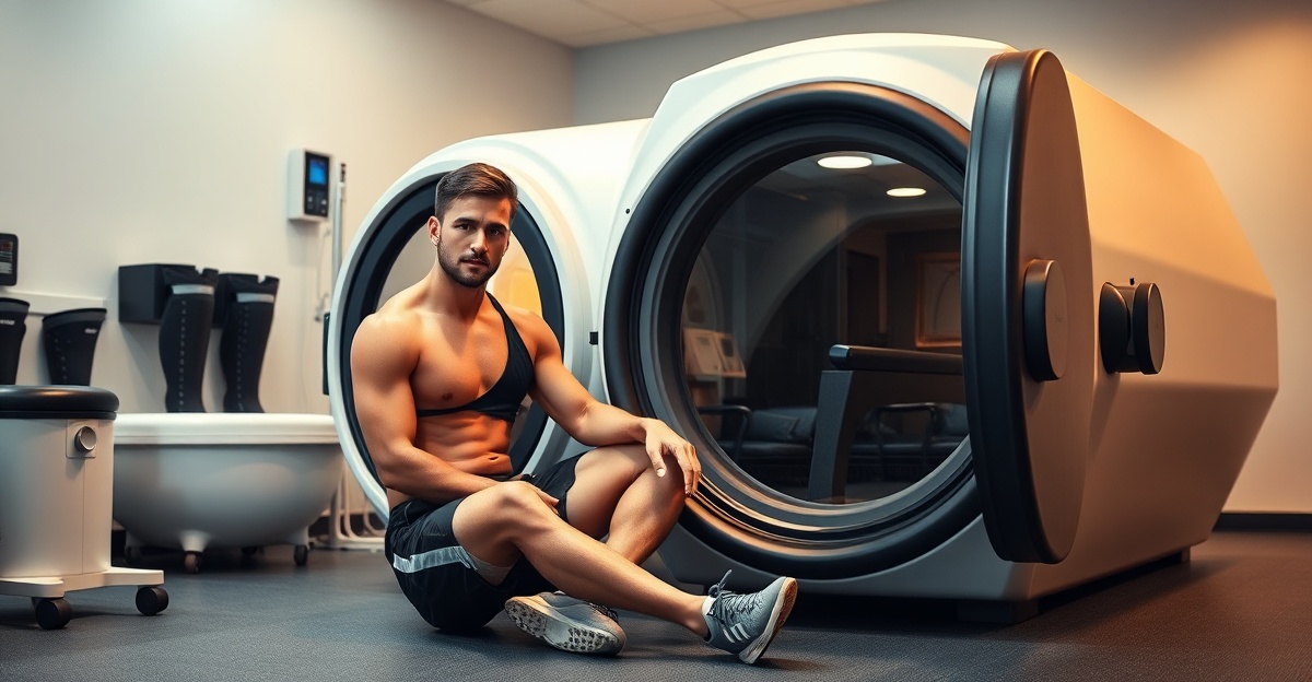 Athletic person next to a hyperbaric chamber in a sports recovery clinic with recovery equipment