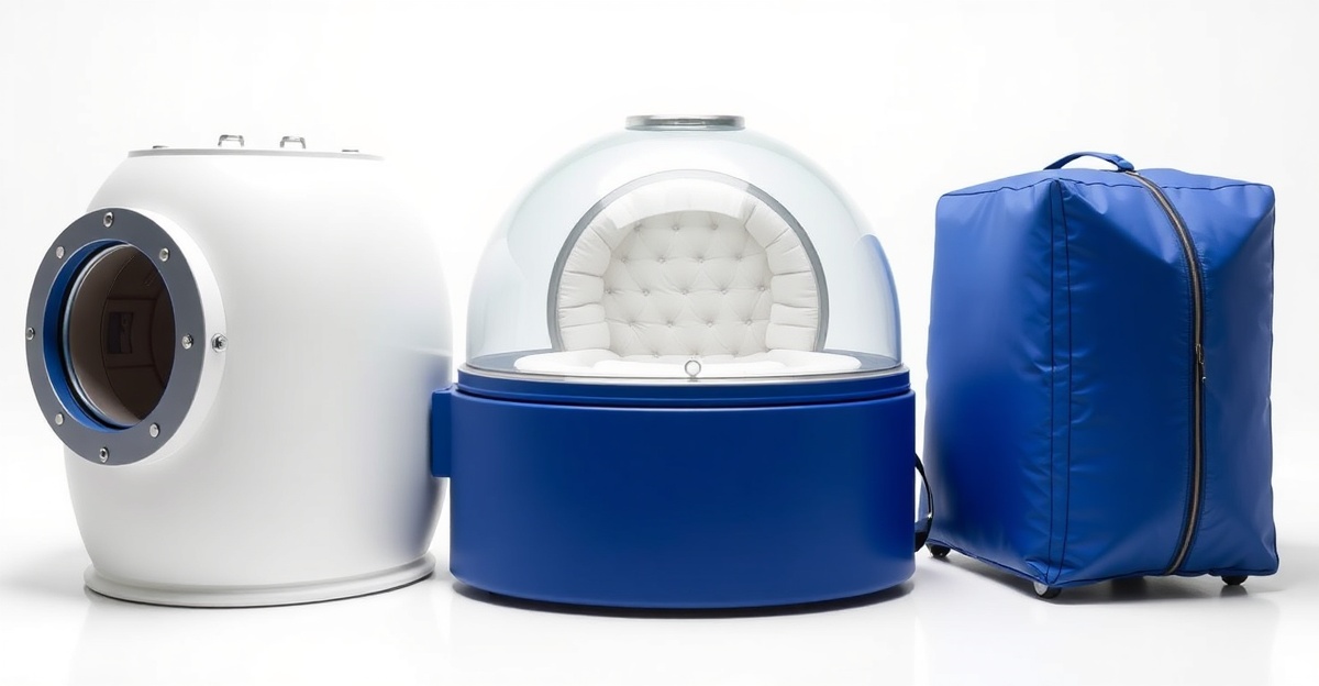 Three types of hyperbaric chambers compared: hard-shell monoplace, clear dome, and portable soft-shell