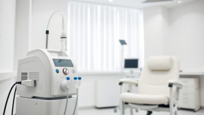 Oxygen therapy equipment including nasal cannula and concentrator in a clinical setting