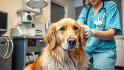 Veterinarian performing ozone therapy on golden retriever in veterinary clinic