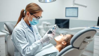 Dentist applying ozone therapy device to patient tooth in modern dental clinic