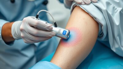 Medical professional applying topical oxygen therapy device to chronic wound